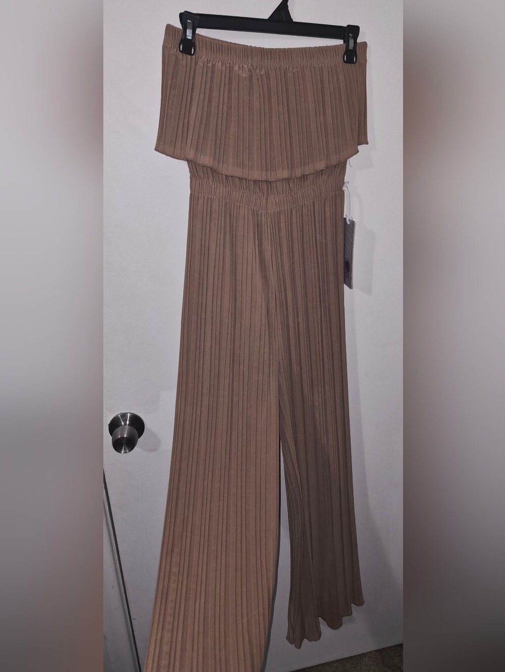 Off-Shoulder Pleated Wide-Leg Jumpsuit Pants in Taupe